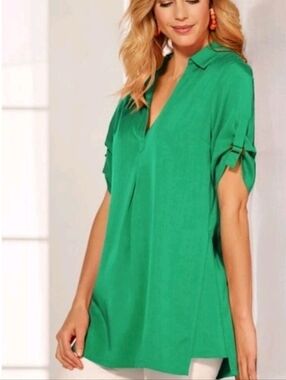 Soft Surroundings Tencel Lyocell Short Sleeve Roll Tunic Top Kelly Green Size M